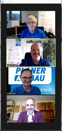 die Moderatoren des virtuellen Klausurwochenendes Planer am Bau – Dr. E. Rüdiger Weng, Dr. Knut Marhold, Prof. Thomas Benz, Prof. Hermann Hütter(von oben nach unten)