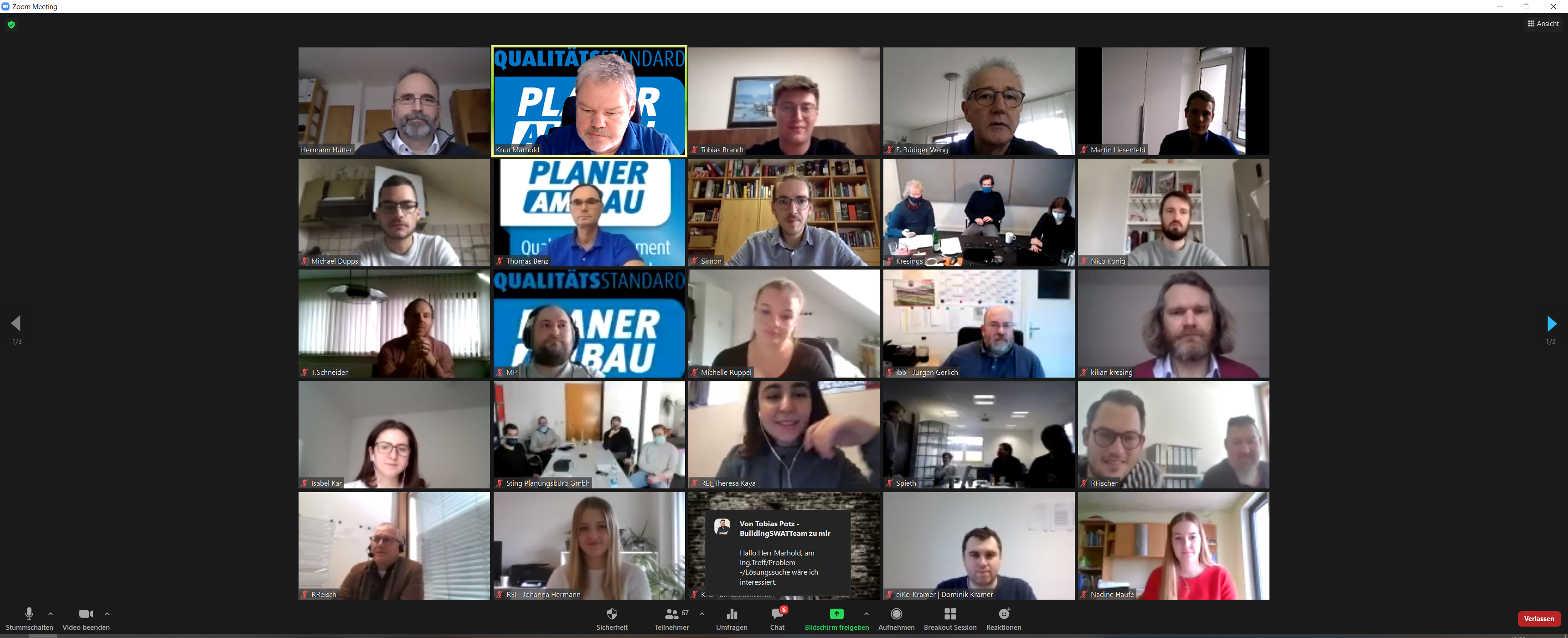 Screenshot Ausschnitt Teilnehmenden-Plenum beim 2. virtuellen Planer-am-Bau-Klausurwochenende